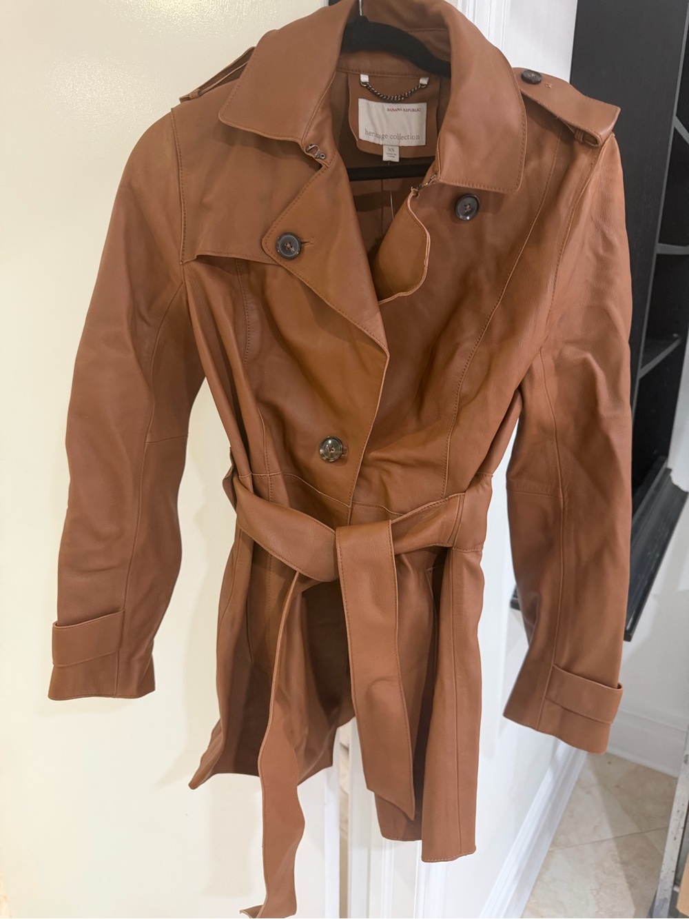 Banana Republic Cognac Leather Trench Coat Sz XS